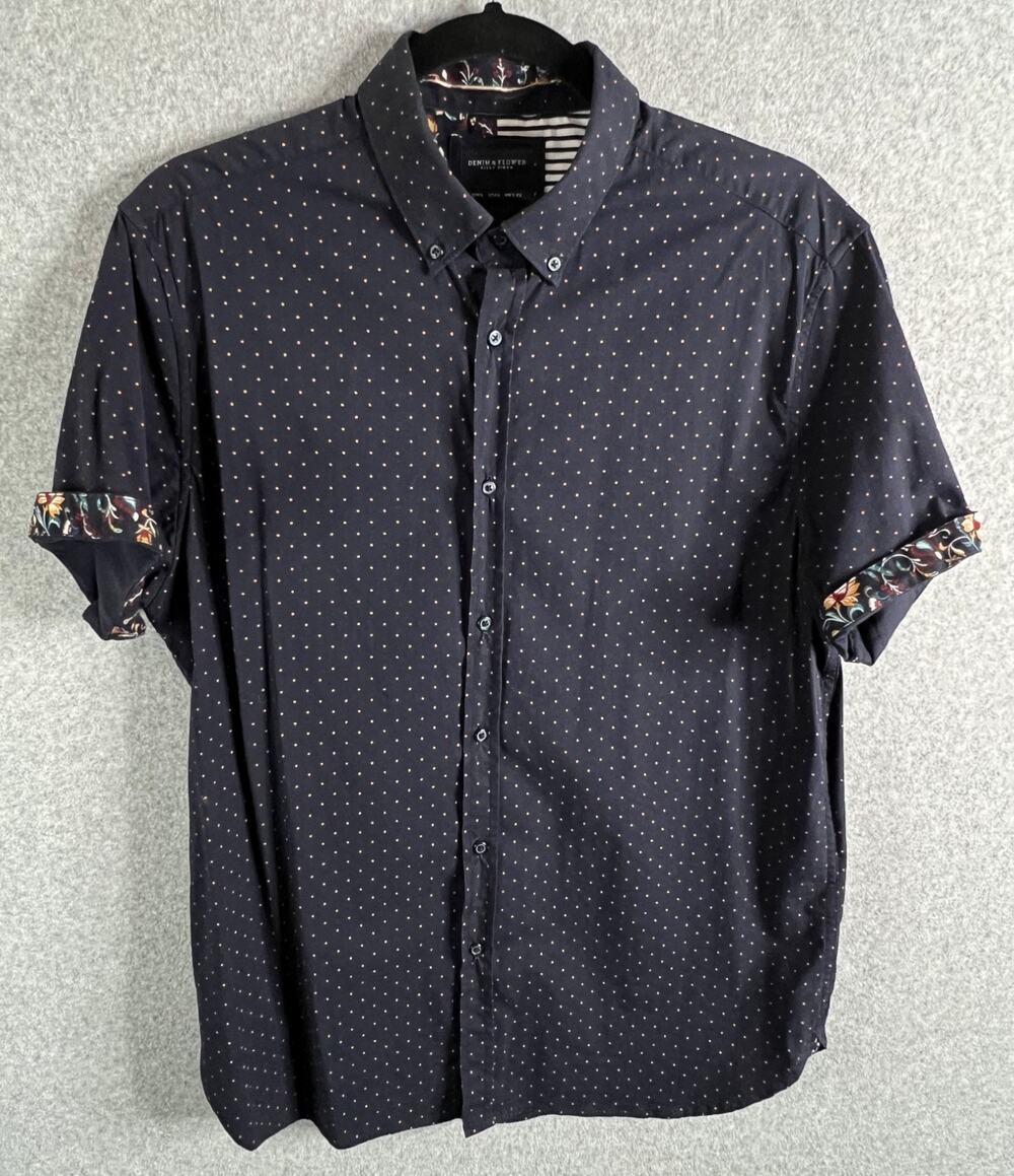 Denim & Flower Ricky Singh Mens L Navy Dot Button Up Shirt Stretch Casual SS